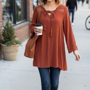 Grace & Lace Rust Terracotta Crotchet V-Neck Long Top